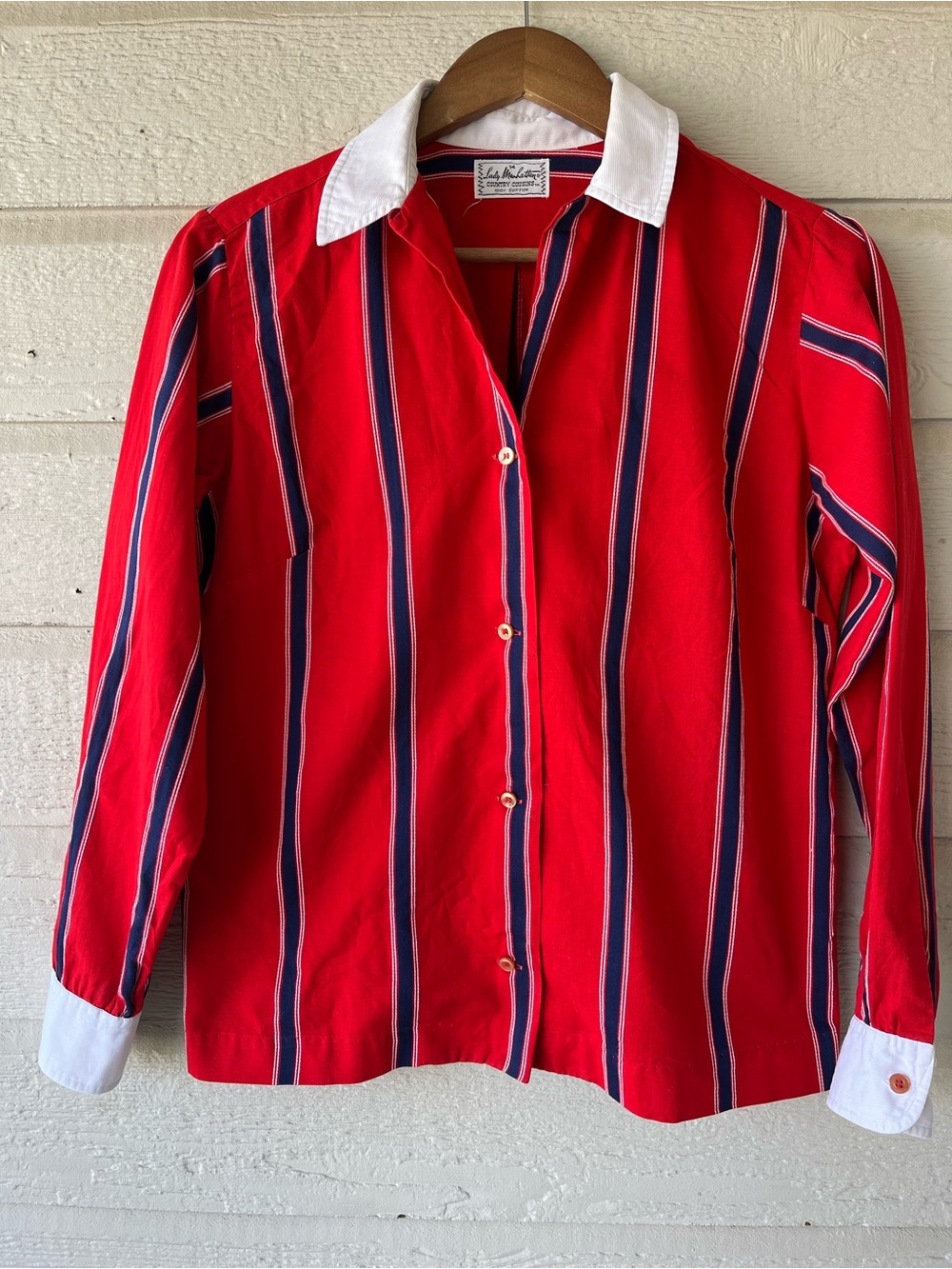 Vintage Lady Mahattan Country Red Striped Button-Down Shirt with White Collar